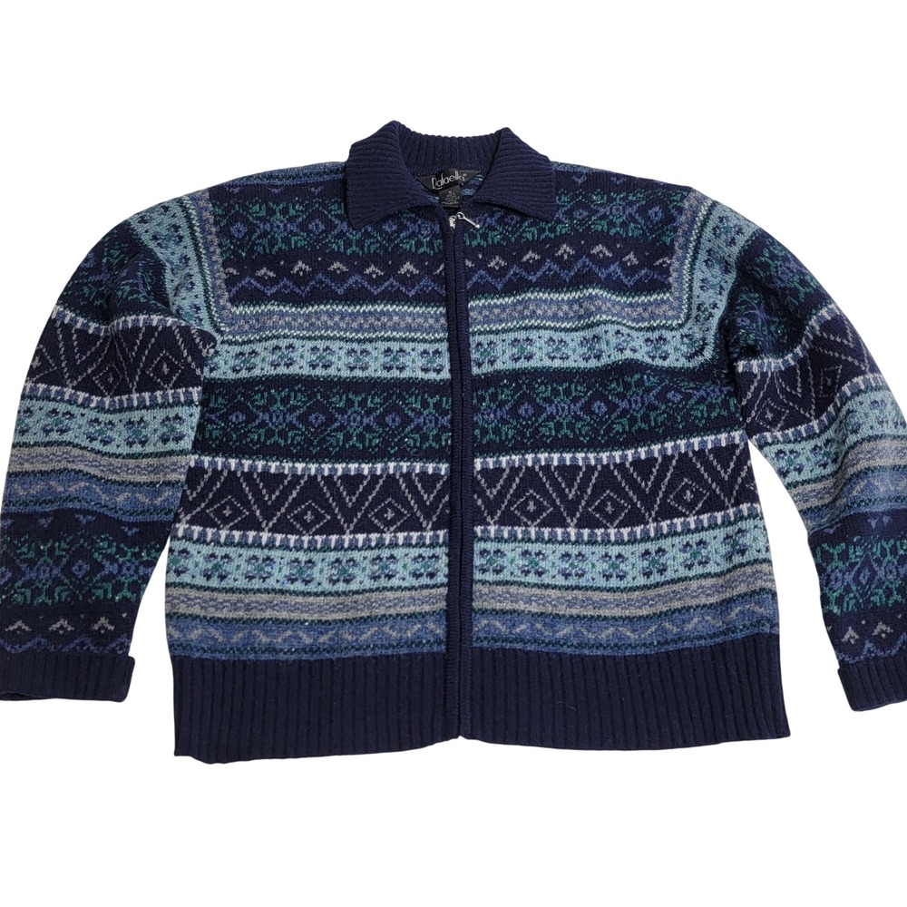VTG Rafaella Lambswool Shetland Wool Fair‎ Isle Nordic Zip Cardigan M Oversized